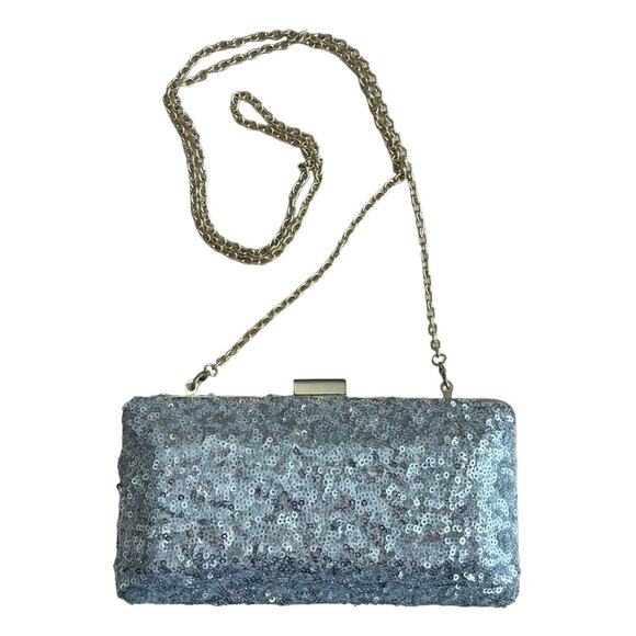 Silver Sparkly Sequin Mini Square Hardshell Clasp Crossbody Bag Clutch GoldChain - Picture 1 of 6